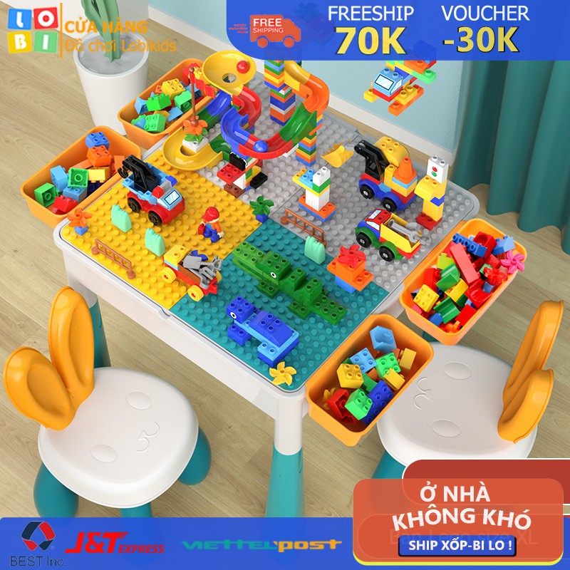 Bàn lego xây dựng lắp ghép đa năng, bao gồm 102 khối lắp ráp, 80 khối đồ chơi thả bi, 01 ghế tai thỏ cho bé - Lobikids