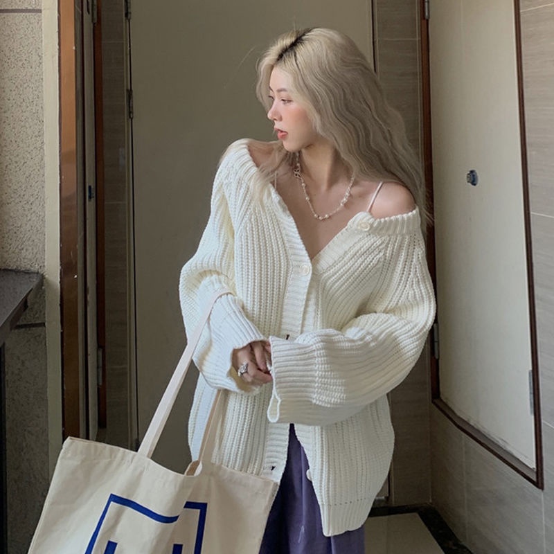 Bán Chạy!F &amp; X 2022 Áo Khoác Cardigan Dệt Kim Màu Trắng Phong Cách Mới Xuân Thu 2022 Phong Cách Lười Retro