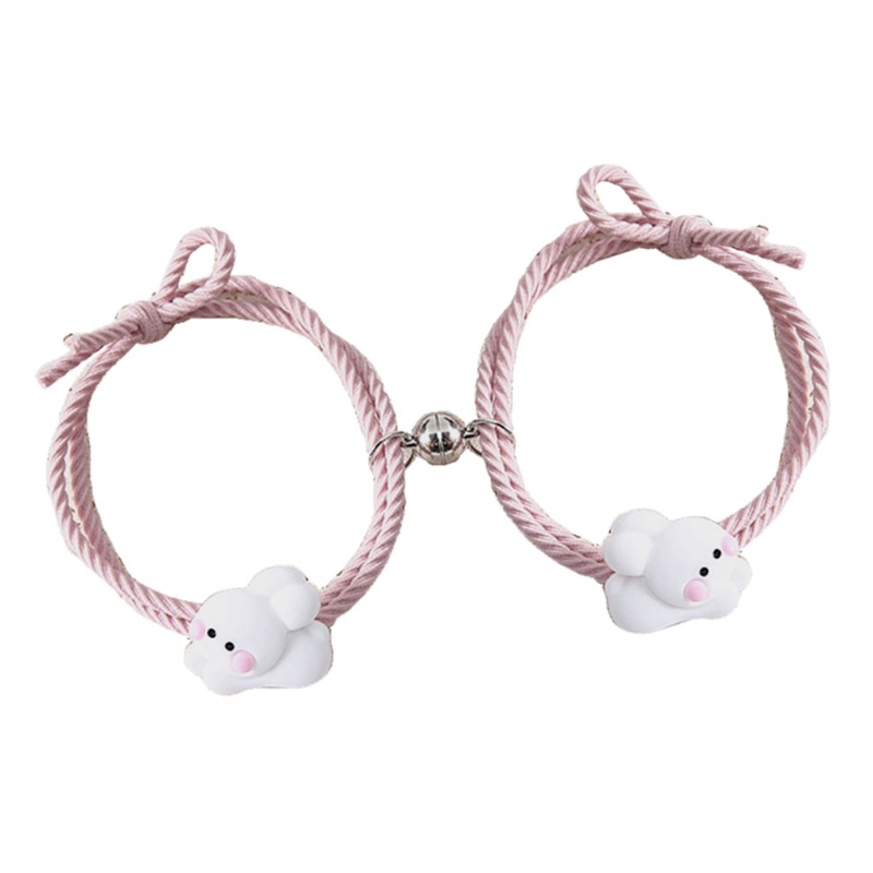 Set 2 vòng tay dây co giãn màu hồng/đen hình gấu/thỏ dễ thương cho cặp đôi