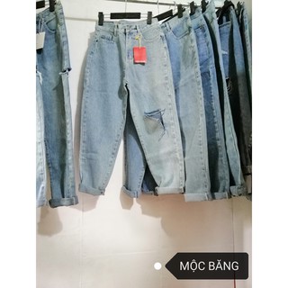 Quần jean baggy nữ trơn - rách lưng cao