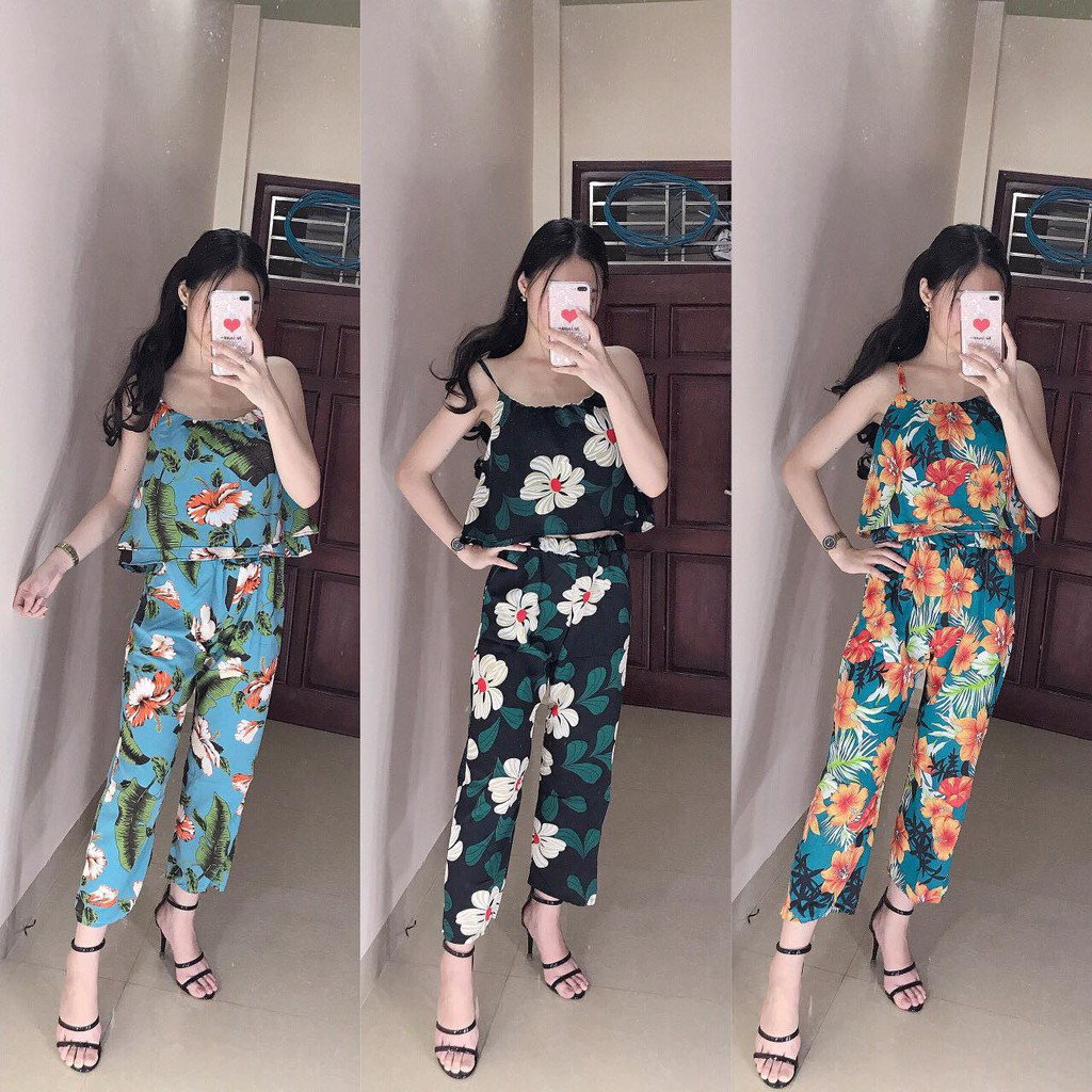 [ xả kho ] HS Set quần dài+áo 2 dây hoa to
