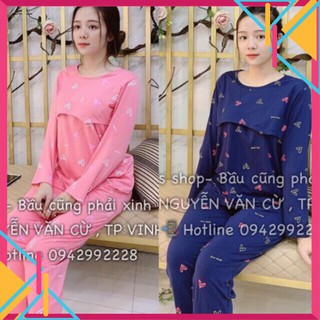 [ĐẸP MÀ RẺ] Bộ Đồ Sau Sinh Mặc Nhà Cho Con Bú Lật Ngực, Có Chun Chỉnh, Pink Tim Cotton Dài Tay, Bộ Free Size