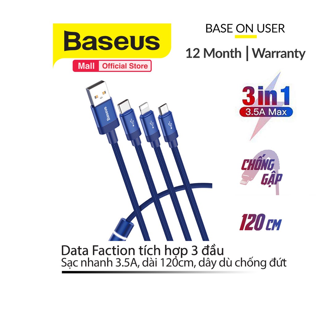 Cáp sạc Baseus Data Faction tích hợp 3 đầu kết nối Type C, Android và Lightning sạc nhanh 3.5A MAX có đèn báo sạc