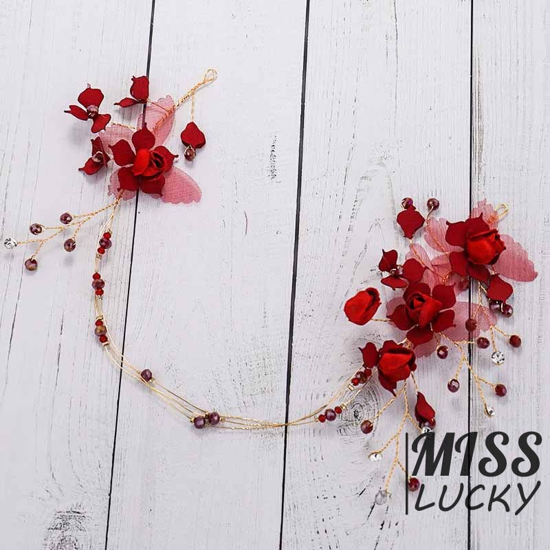 Cài tóc trang trí hoa đỏ đính đá xinh xắn cho cô dâu