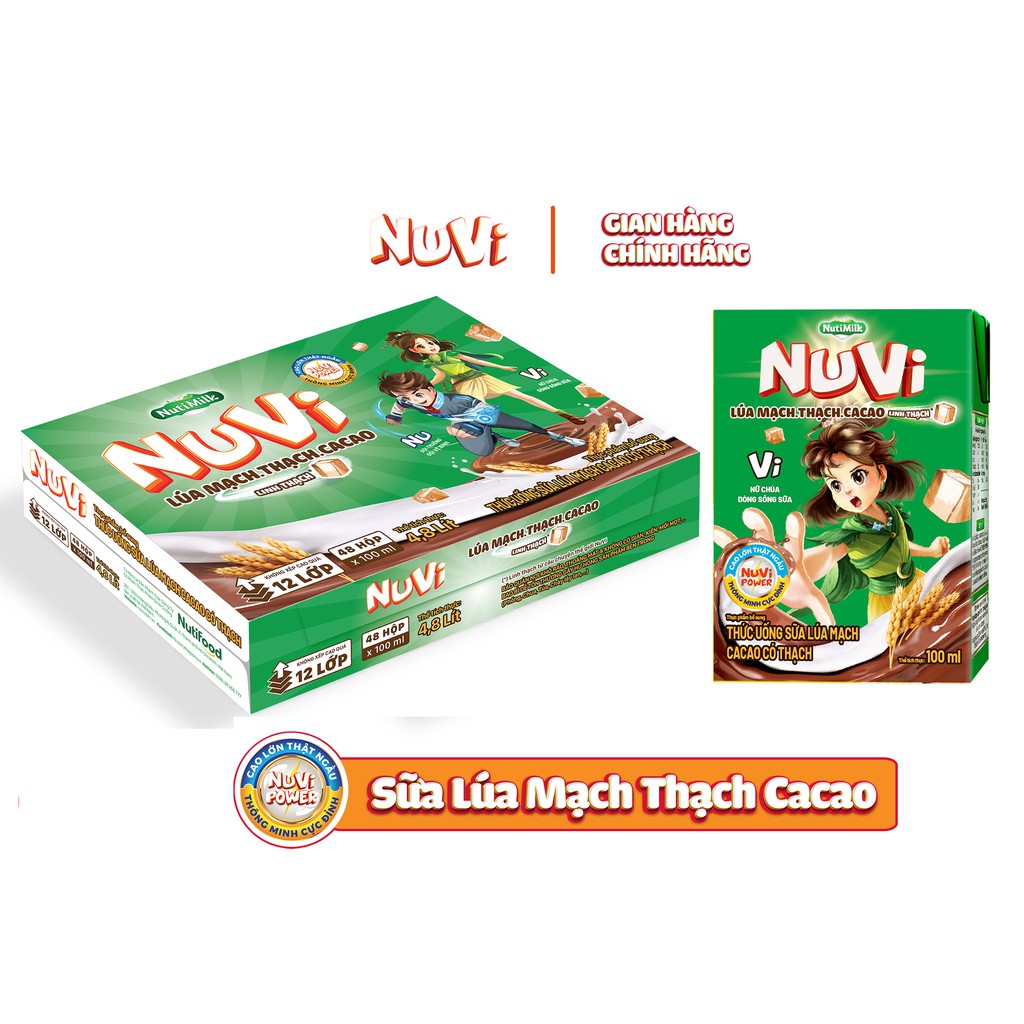 Thùng 48 hộp Nutifood NuVi Thức uống Sữa Lúa mạch Cacao Có Thạch hộp 100ml