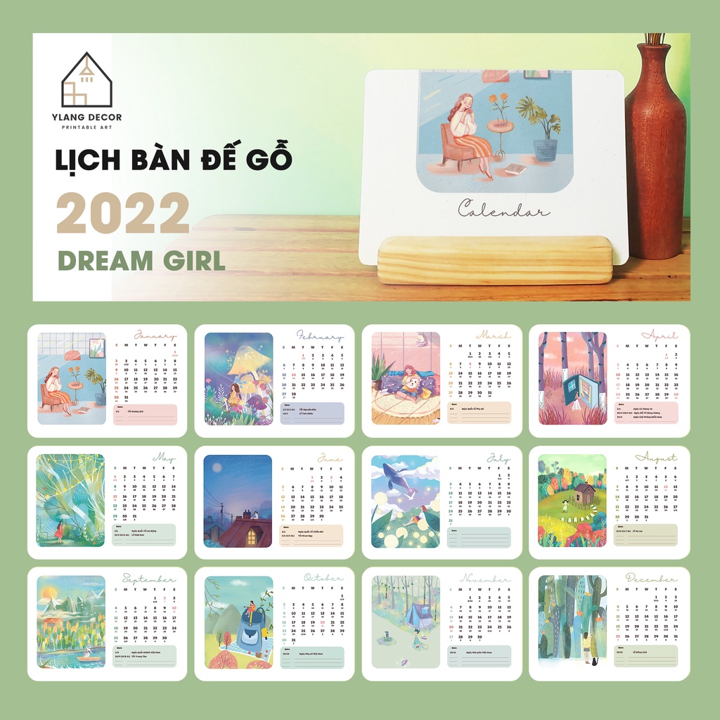 LỊCH BÀN ĐẾ GỖ 2022 - Lịch để bàn 2022 - Calendar 2022 - Có Lịch Âm - D-GRIL - Trang trí decor bàn học bàn làm việc