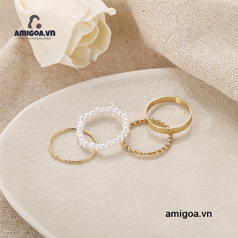 ✨✨Set 4 chiếc nhẫn bằng kim loại đính ngọc trai thiết kế hình học đơn giản thời trang Hàn Quốc
