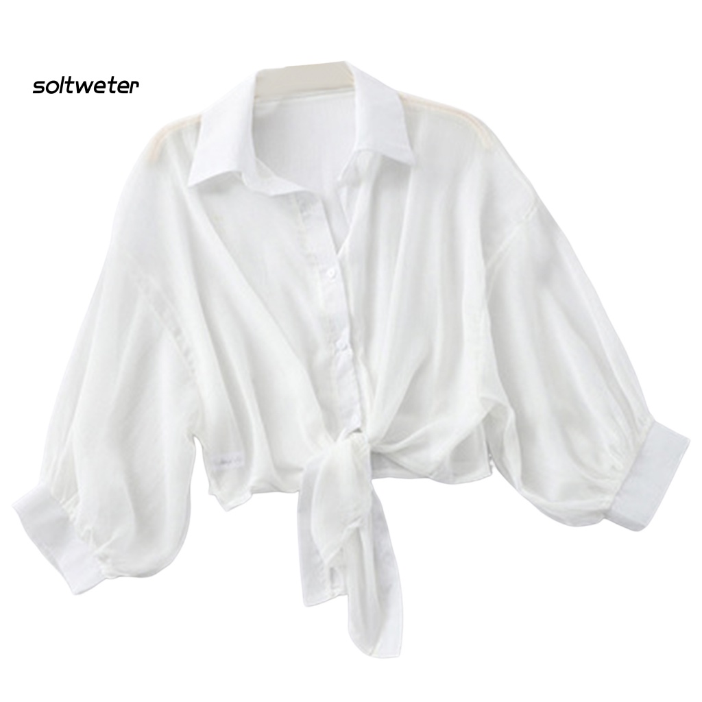 Áo Sơ Mi Mùa Hè Thắt Nút Màu Sắc Trơn Thoáng Khí Cho Nữ