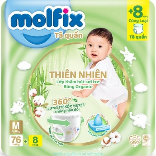 [Mua tã chọn] Tã bỉm quần/dán Molfix thiên nhiên bông Organic tự nhiên M76 +8, L68 +8 , XL62 +8 , XXL56 +8 , XXXL24 +6