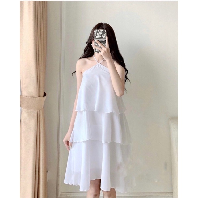 Váy Babydoll Cổ Yếm Voan 2 Lớp Dạo Phố, Đầm Cổ Yếm Đi Biển Màu Trắng