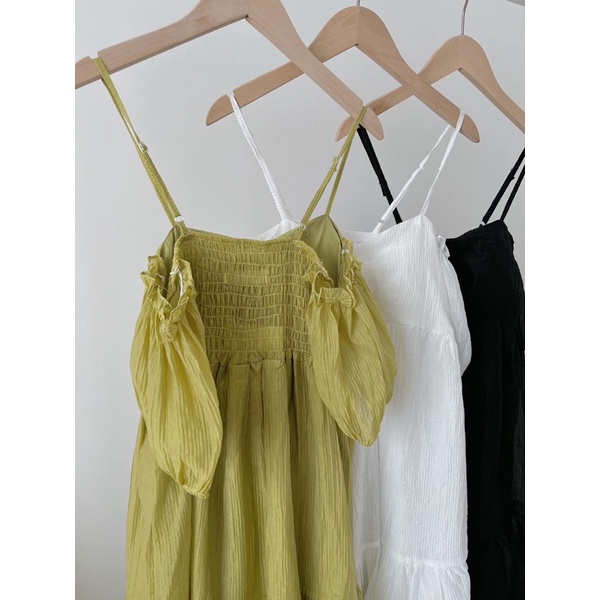 Đầm tơ 2 dây trễ vai nhún ngực có đệm dáng ngắn bèo tầng siêu tiểu thư bánh bèo babydoll (TTA145)