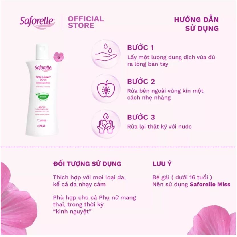 Dung dịch vệ sinh phụ nữ Saforelle Gentle Cleansing Care cao cấp thành phần tự nhiên làm sạch nhẹ dịu 250ml