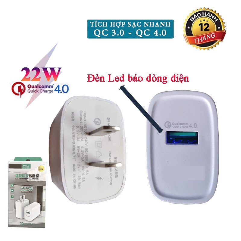 Củ Sạc nhanh 22w Kim Cương K902 max 22.5w – sạc nhanh 20w thích hợp các dòng điện thoại hỗ trợ sạc nhanh QC 3.0-QC4.0