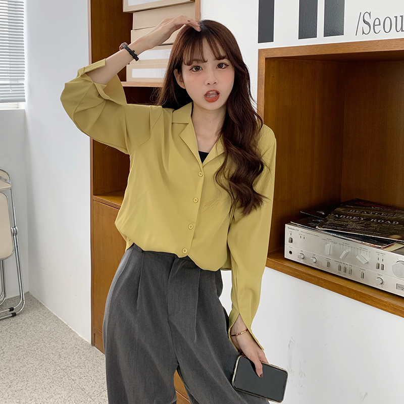 SUXI Áo Sơ Mi Tay Dài Màu Trơn Cổ Bẻ Thời Trang Mùa Thu Cho Nữ