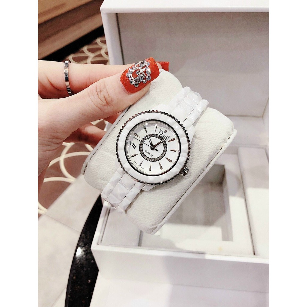 Đồng hồ nữ ceramic quartz size 38mm màu trắng ( kèm video thật)