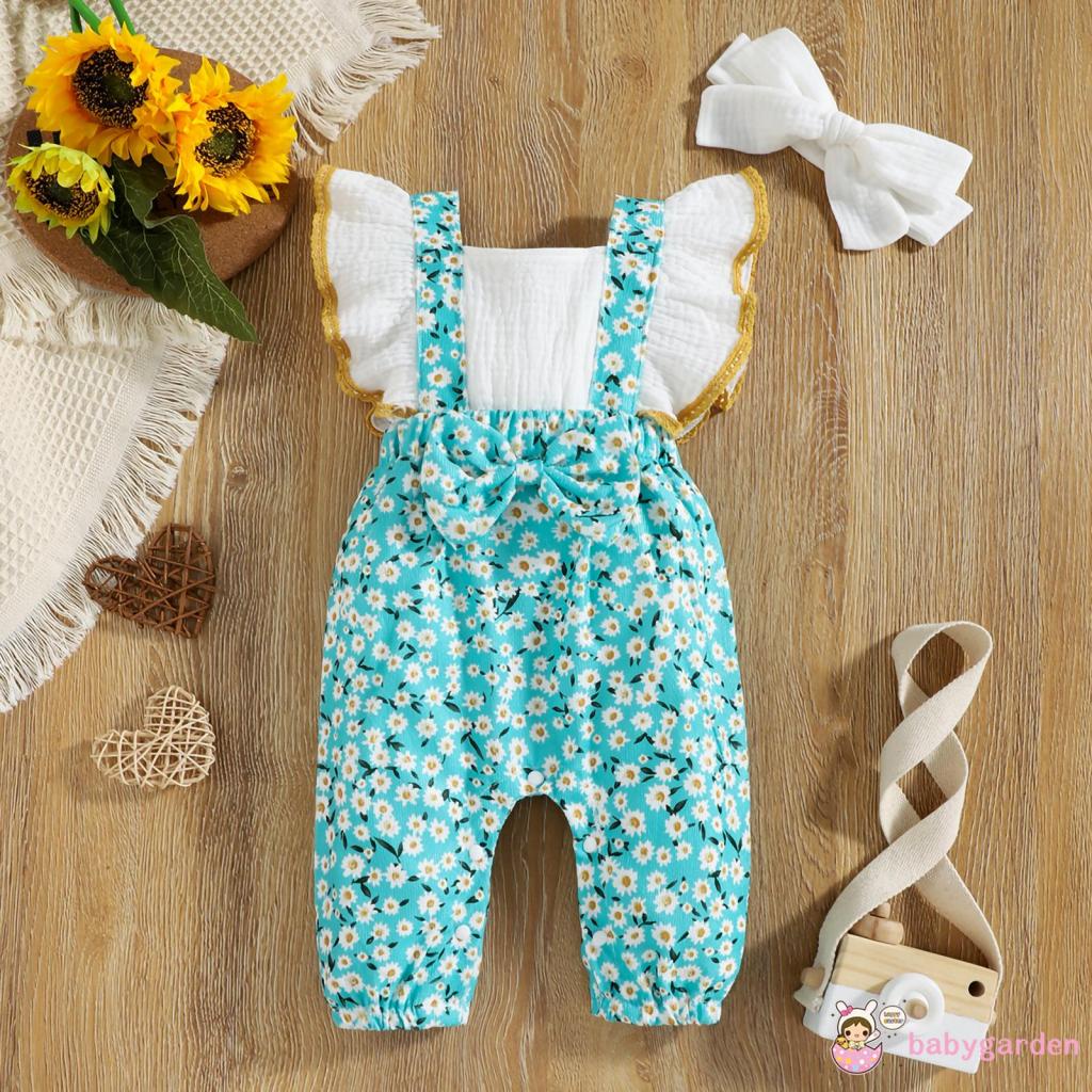 Bộ áo liền quần cổ vuông họa tiết hoa cúc kèm băng đô cho bé gái 0-18 tháng tuổi