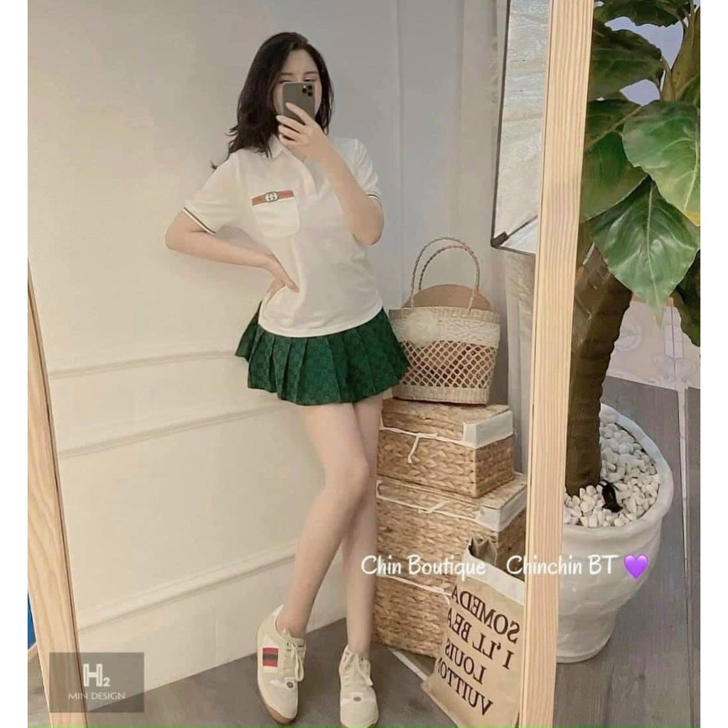 Sét bộ áo tag ngực cộc cổ bẻ chân váy xinh cá tính