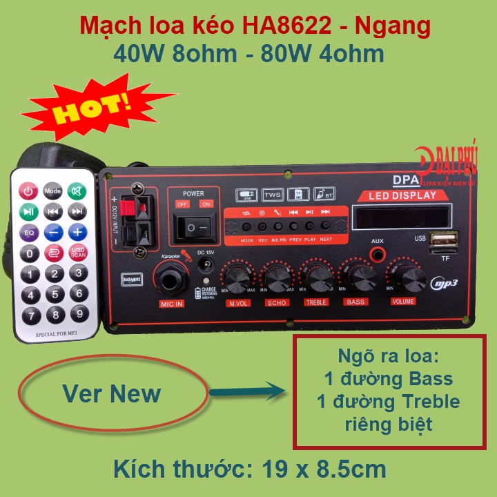 Mạch loa kéo công suất 40W - 80W HA8622 DPA nguồn xung 220V Bluetooth Karaoke Loa kéo 2.5 tấc - 3 tấc