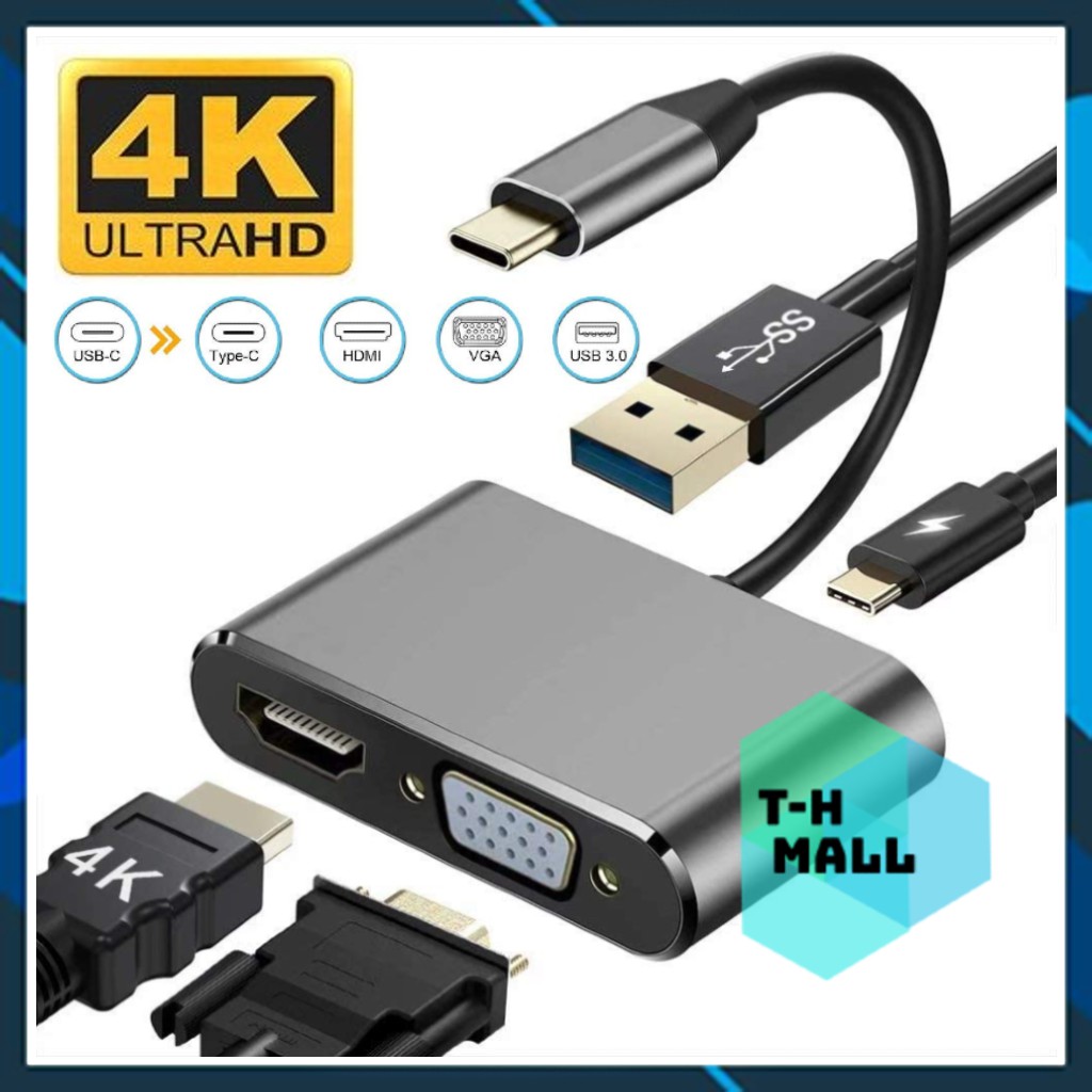 Bộ Chuyển Đổi Hub 4 trong 1 Type C Sang HDMI VGA USB 3.0 PD Type-C 4 in 1 hỗ trợ 4K