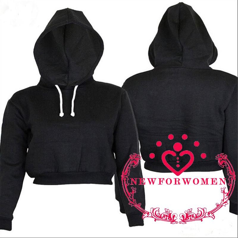 Áo hoodie kiểu croptop tay dài có mũ trùm đầu màu trơn dành cho nữ