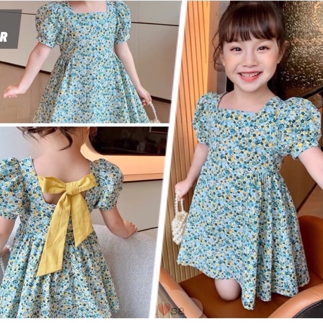 váy hè bé gái- váy họa tiết hoa nhí xanh siêu xinh cho bé 1-5t