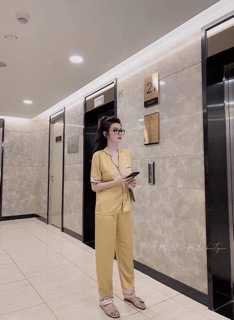 BỘ LỤA SATIN PHỐI CHỮ TAY NGẮN QUẦN DÀI