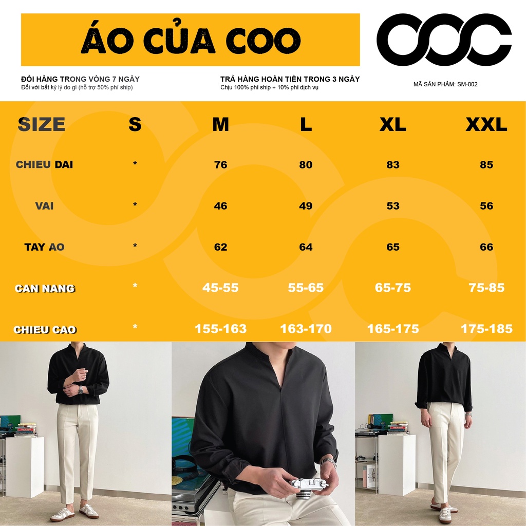 Sơ mi cổ tàu Coo, sơ mi vải lụa kate SM-002