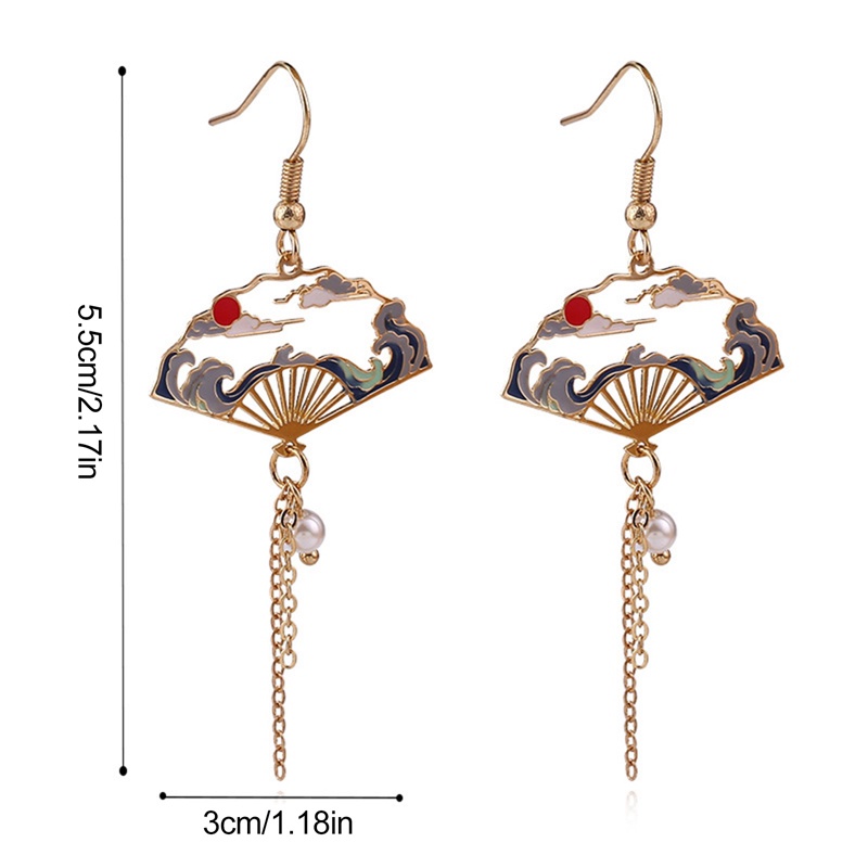 Ygt Bông Tai Dáng Dài Hình Quạt Rỗng Đính Ngọc Trai Phối Tua Rua Đám Mây Hoa Anh Đào Đám Mây