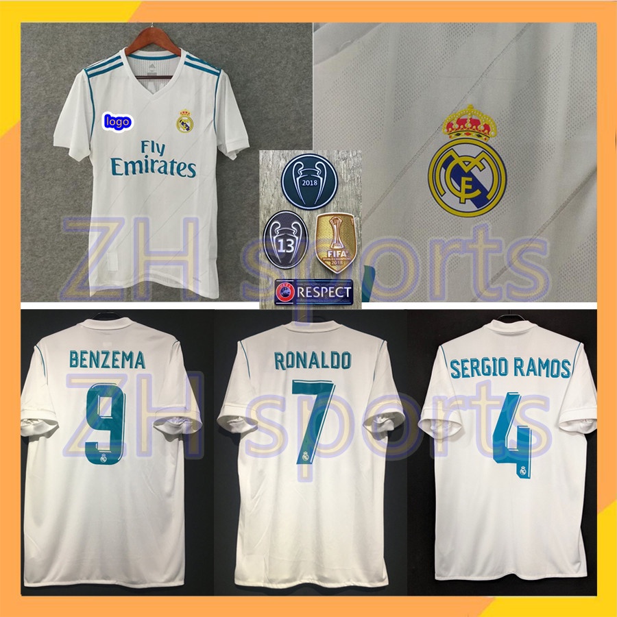 Áo Thun Bóng Đá Đội Real Madrid 17/18 SERGIO RAMOS 4 RONALDO 7 BENZEMA 9 Phong Cách Thể Thao 2017/2018