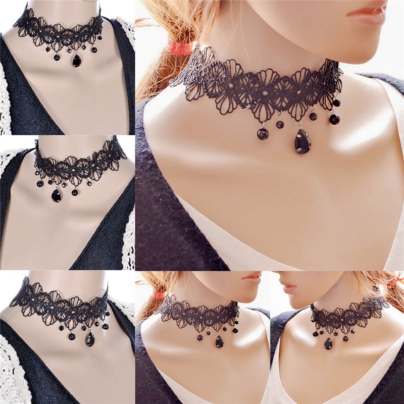 Vòng cổ choker phối ren hoa phong cách retro thời trang
