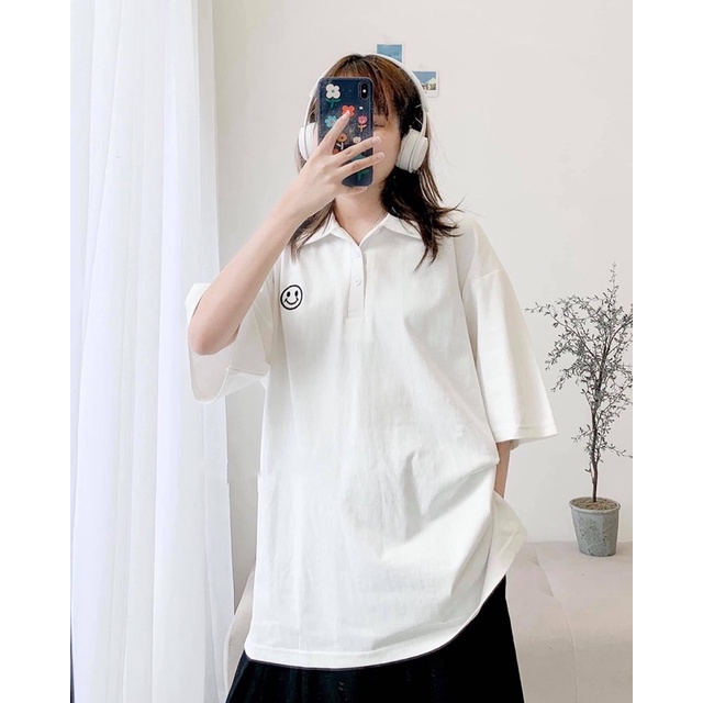 Áo thun polo cổ bẻ thêu mặt cười dáng suông nam nữ | BigBuy360 - bigbuy360.vn