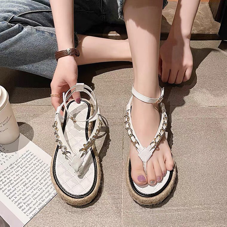 Sandal Hiền Hồ,Tông Sandal Đế cói 2cm ,dép xỏ ngón quai xích Thời Trang Mùa Hè Siêu Hot Đi Chơi, Đi Biển