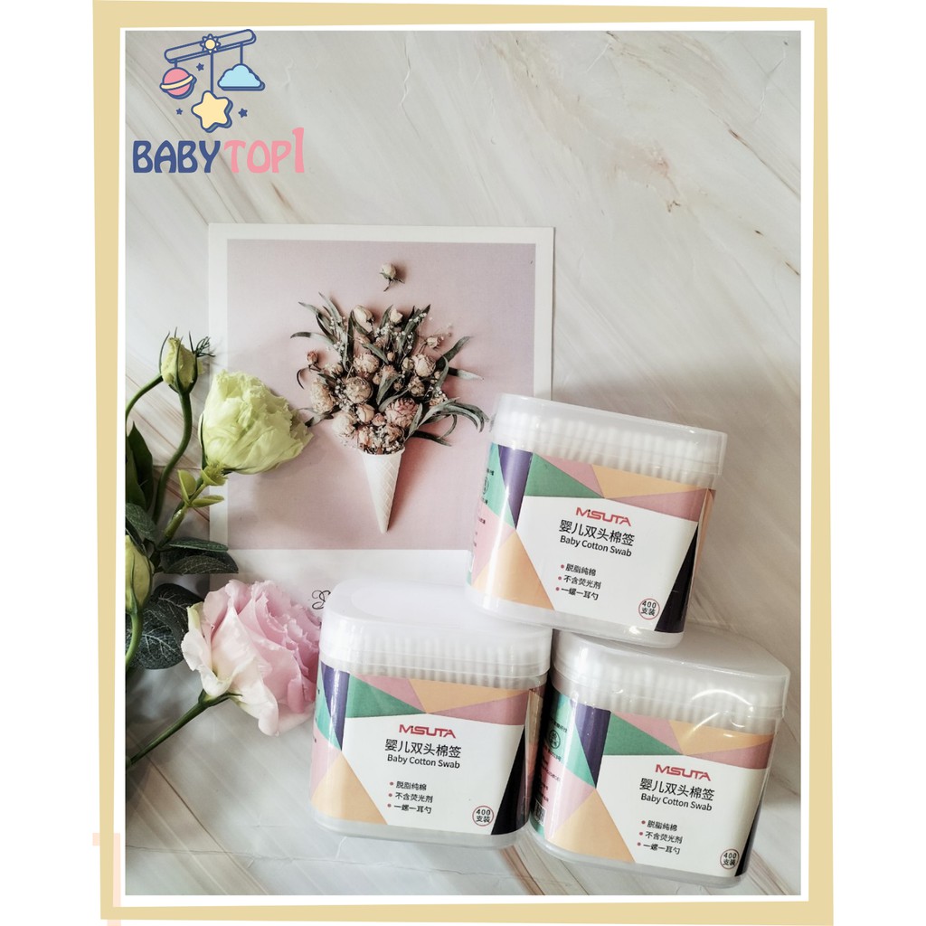 Tăm bông cho bé sơ sinh, bông tự nhiên, hộp 400 que Misuta
