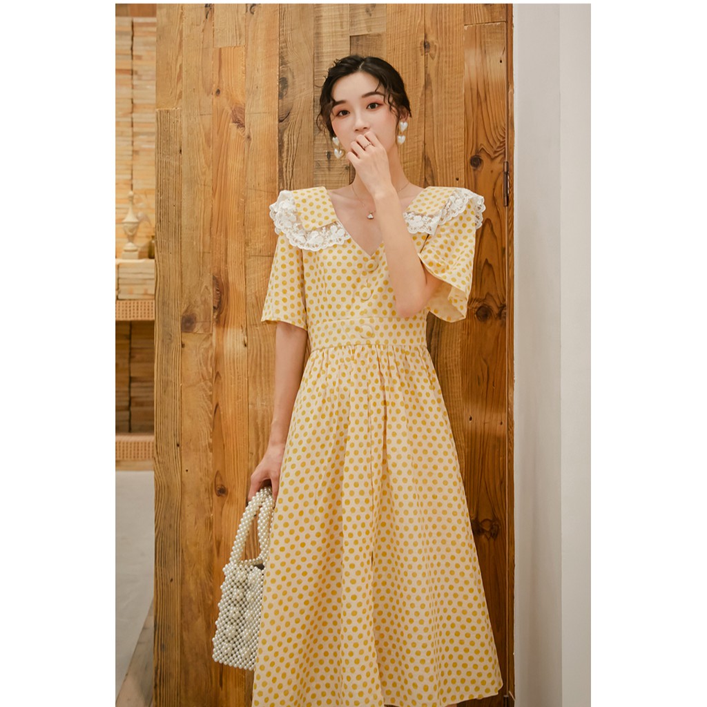 Đầm Chấm Bi Vàng - MUOJ - phong cách Vintage - Hàng Cao Cấp (ảnh thật hình 2-3) | BigBuy360 - bigbuy360.vn