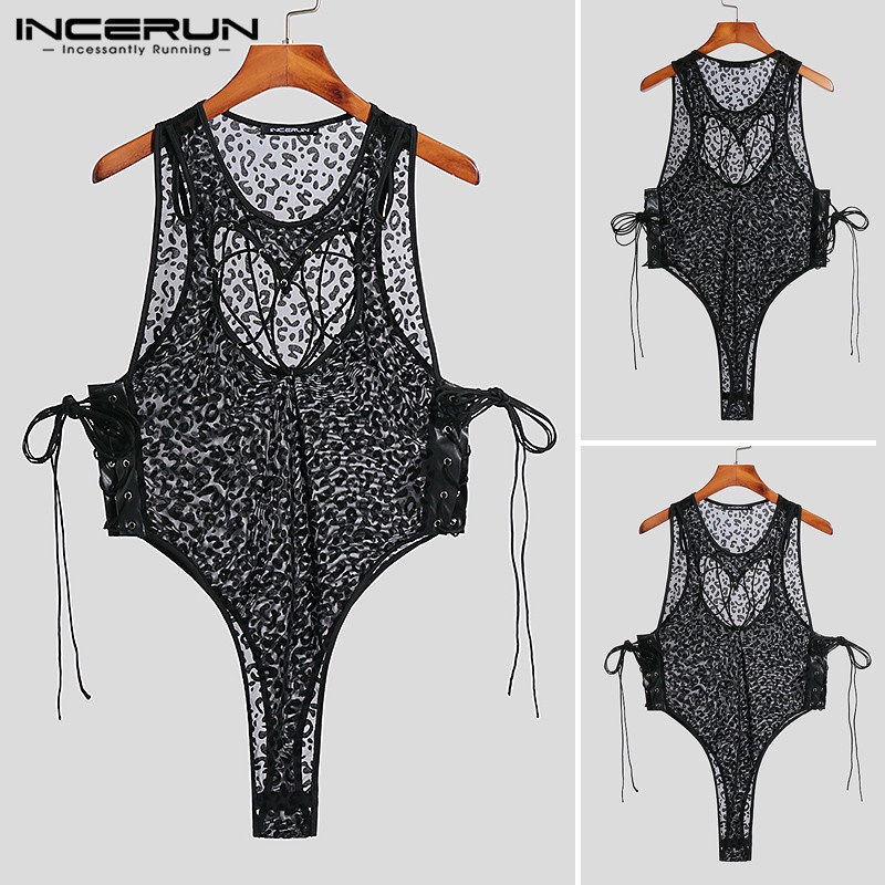 Bộ áo liền quần INCERUN thiết kế không tay xuyên thấu họa tiết da báo quyến rũ cho nam