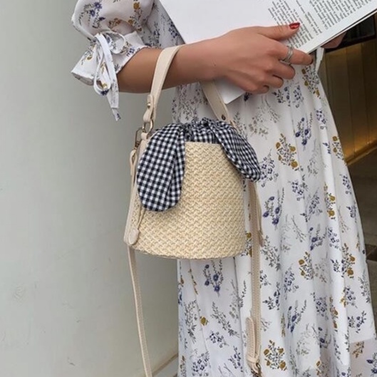 Túi cói hình trụ tròn - vải lót caro - phong cách Vintage
