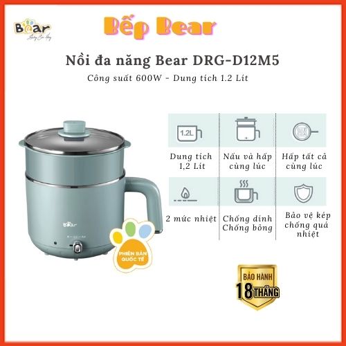 Nồi Lẩu Điện Đa Năng, Nồi Lẩu Mini, Đa Năng Kèm Lồng Hấp, Bear - DRG-D12M5, Chính Hãng Bảo Hành 18 Tháng