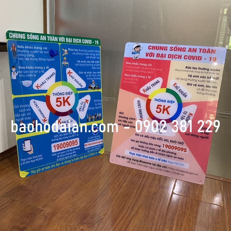 Poster/bảng thông điệp 5K phòng chống Covid chất liệu mica dán decal kích thước 30 x 40cm
