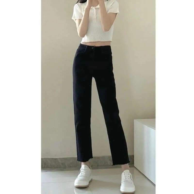 Quần ống đứng ,quần jean nữ cạp cao chất co giãn mềm màu đen dễ phối đồ SẴN SZ M