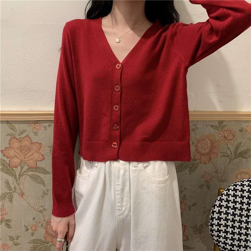 Áo khoác cardigan dệt kim mềm mại tay dài cổ chữ V cài nút thời trang cho nữ