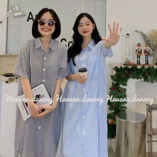 Đầm sơ mi sọc dọc, chất mỏng, chất sơ mi xốp