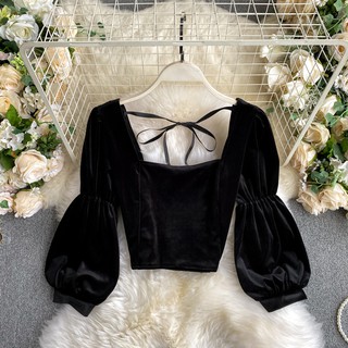 Áo nhung cổ vuông croptop tay bồng áo croptop