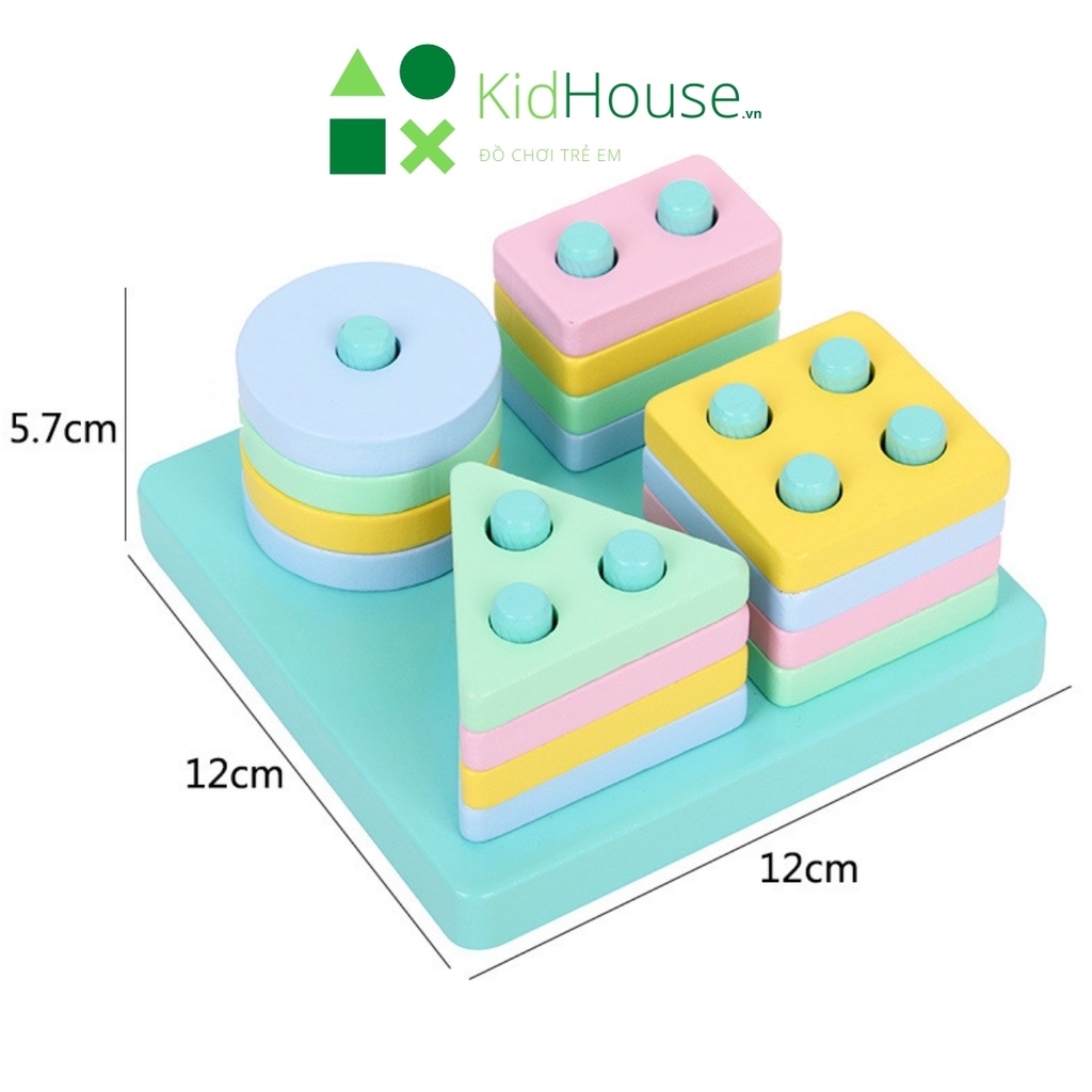 Đồ chơi gỗ thông minh cho bé montessori, bộ thả hình khối 4 trụ thương hiệu KidHouse.vn