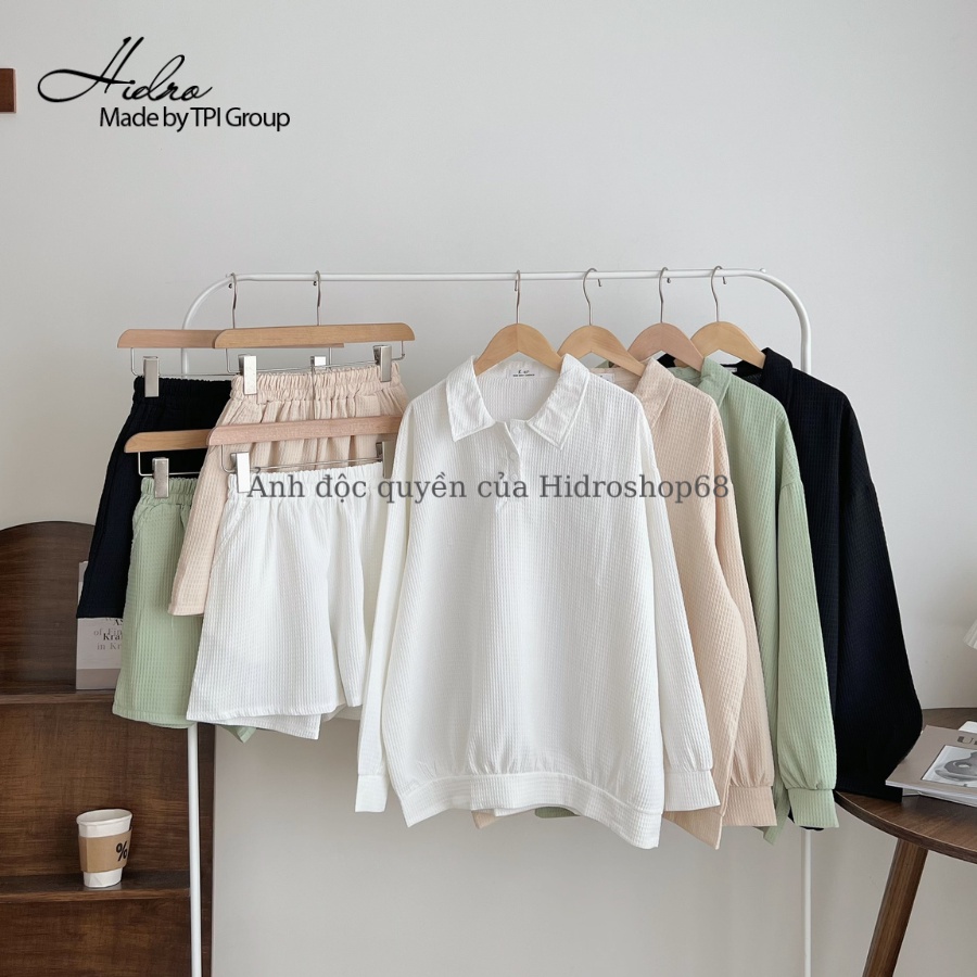 Set cotton tổ ong nữ áo dài tay cổ hai khuy mix quần short kiểu dáng năng động