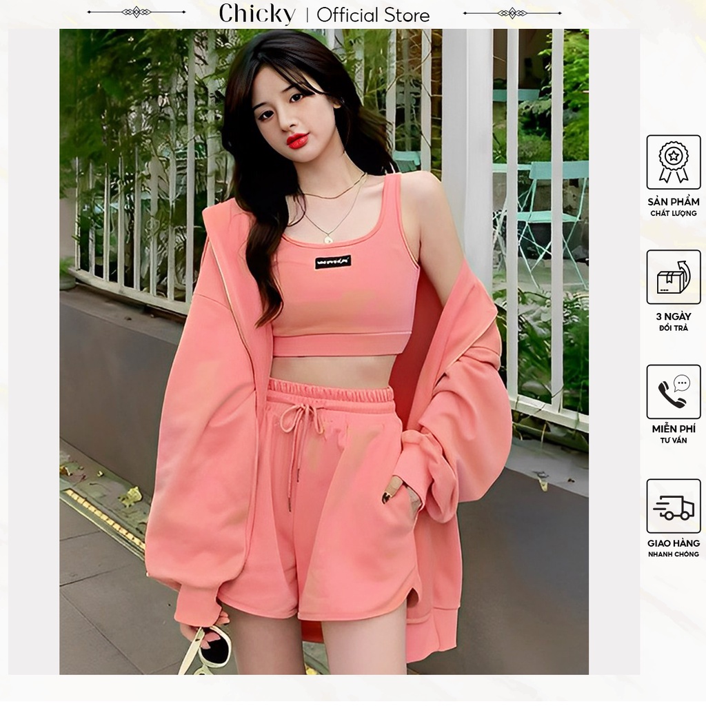 Set 3 món áo khoác tay phồng có mủ kèm áo bra phối cùng với quần đùi