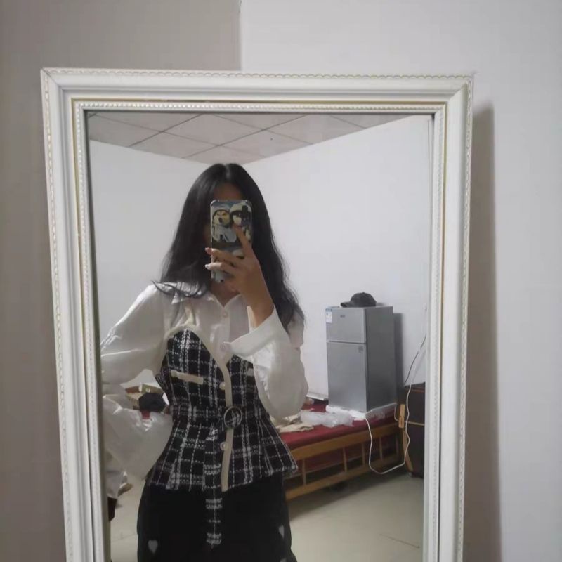 Áo Sơ Mi Mix Dạ 2 Dây Phong Cách Retro Cùng Đai Eo Kèm Ảnh Thật Khách Mặc