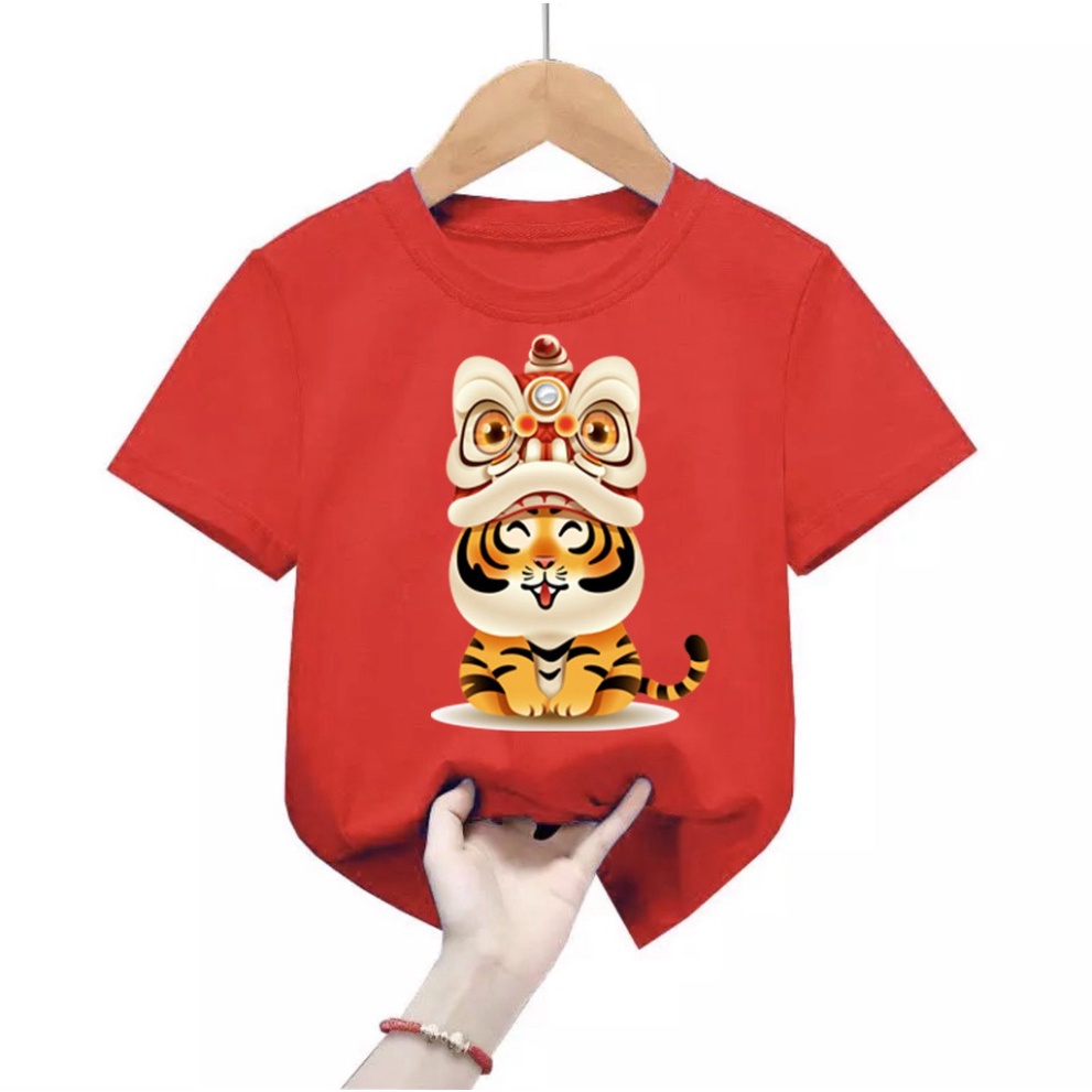 Flash sale Áo thun tết cho bé hình con hổ ngồi cười đội đầu lân  áo cho bé từ 6kg-30kg.AT01.