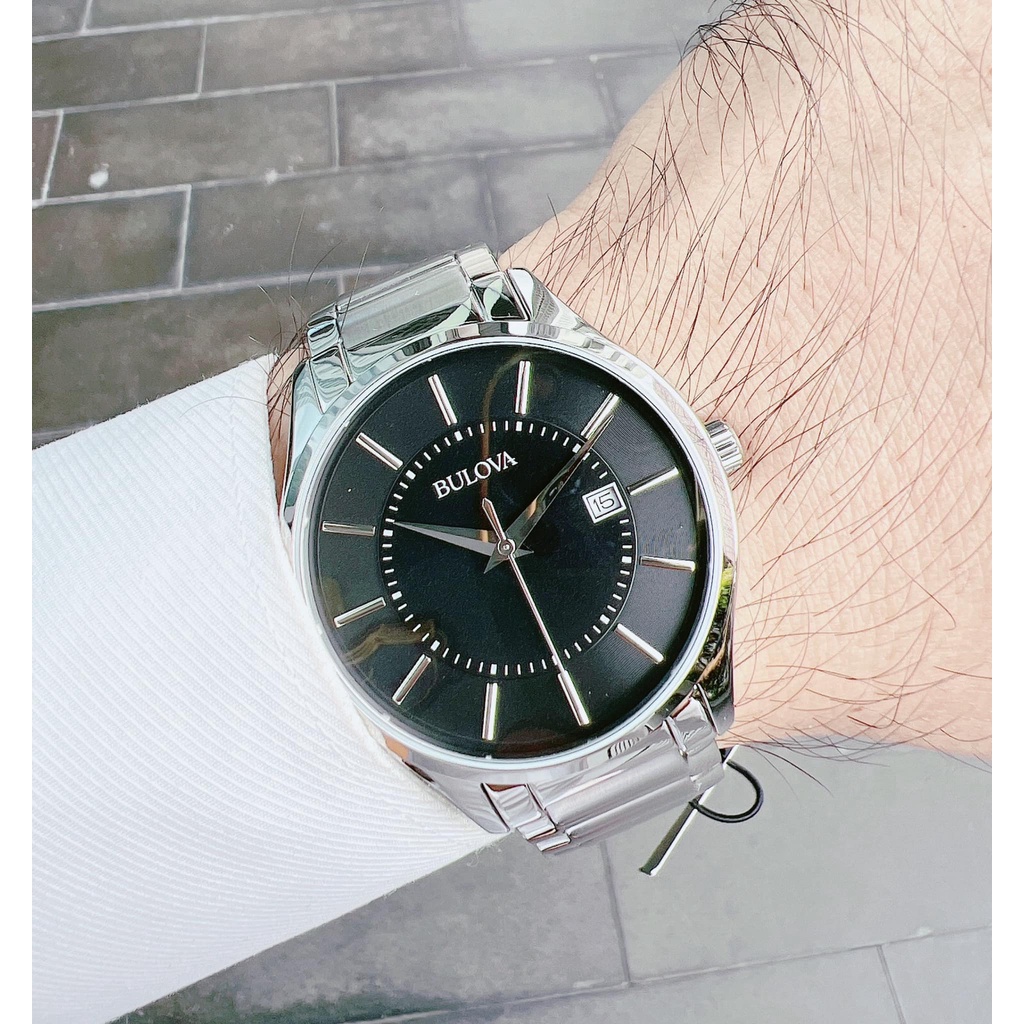 Đồng hồ nam Bulova 96B267  dây kim loại sliver, mặt đen, lịch ngày