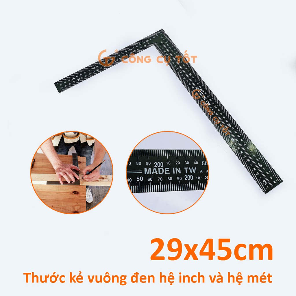 Thước kẻ vuông đen hệ inch và hệ mét 29x45cm