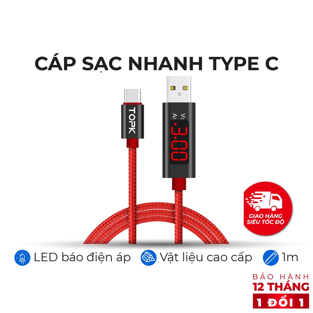Dây sạc TOPK AC27 - Sạc nhanh 3A - Màn hình LED - Hàng bảo hành 12 tháng